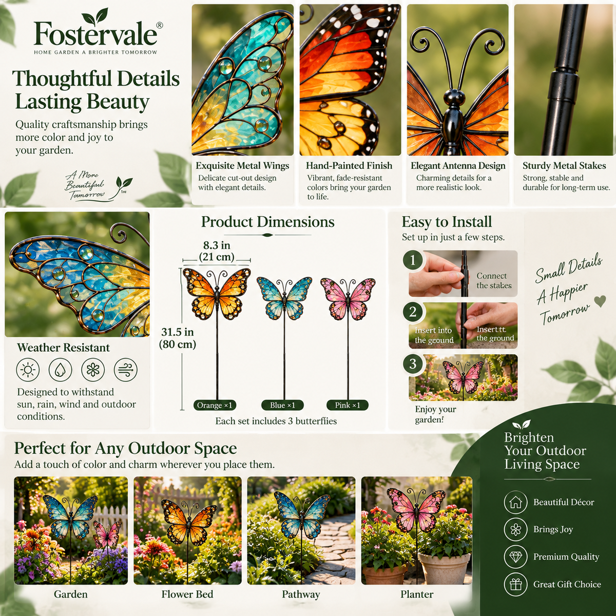 Fostervale® Butterfly Garden Decorations (Set of 3)