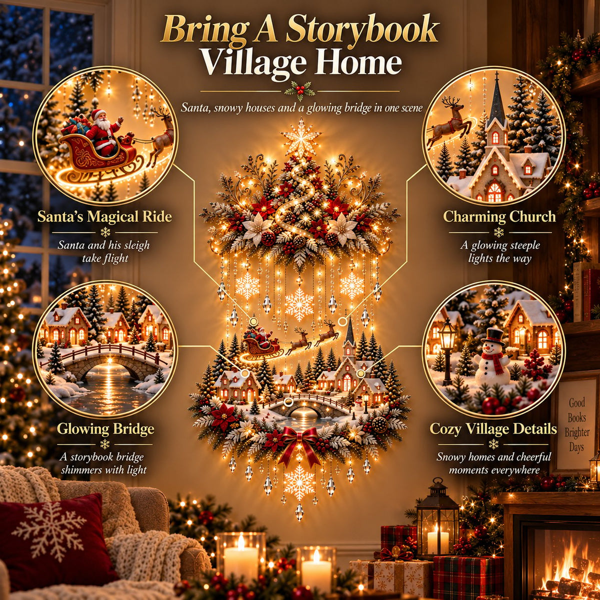 🎄✨ Christmas Village Glow | Lighted Tree & Town Wall Hanging