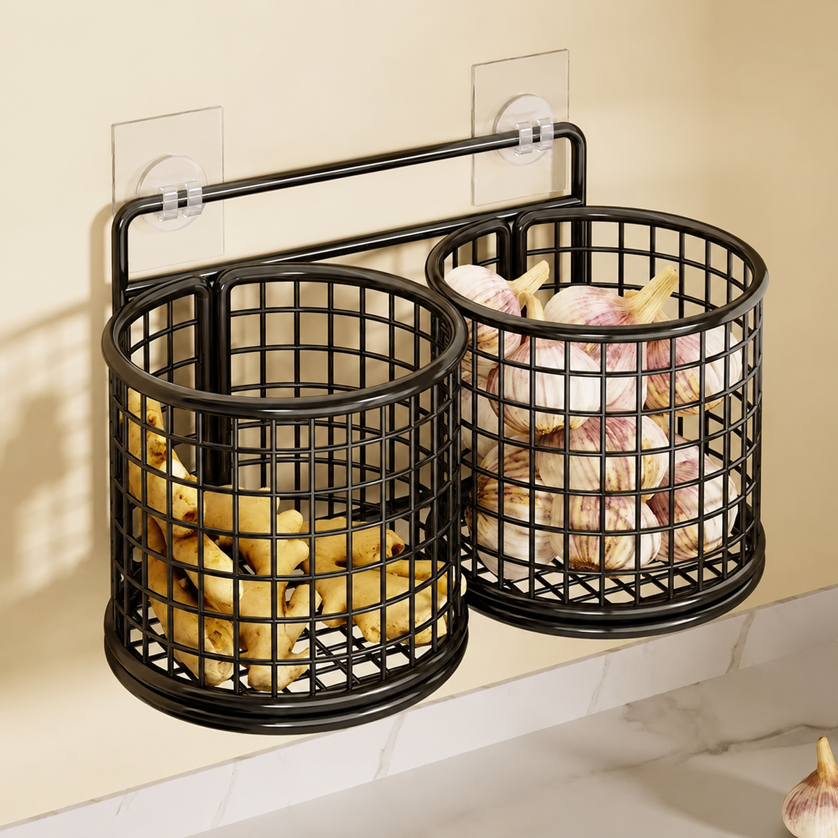 Wall Mounted Metal Mesh Kitchen Basket Rack – Black