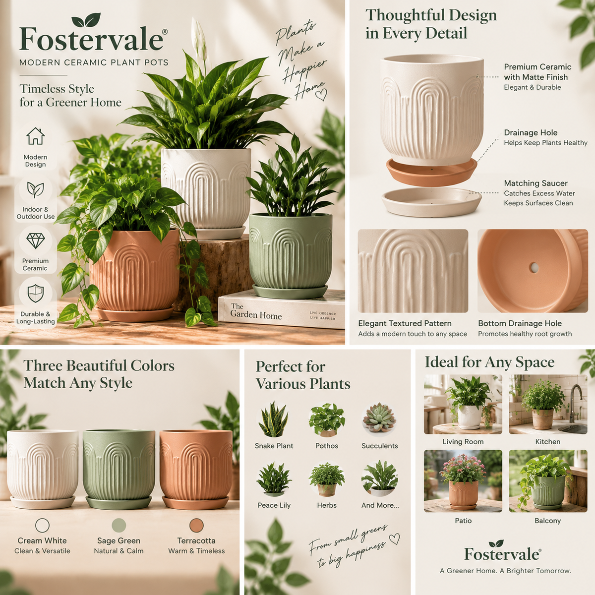 Fostervale® Modern Ceramic Plant Pots (Set of 3)