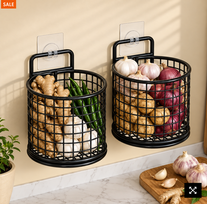 Wall Mounted Metal Mesh Kitchen Basket Rack – Black