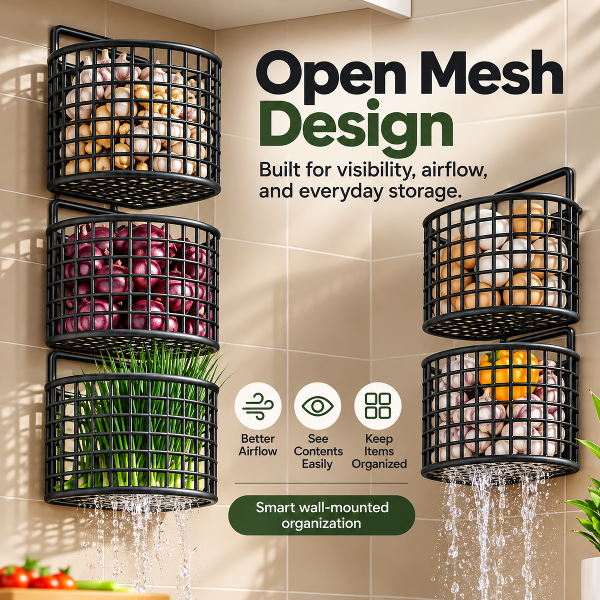 Wall Mounted Metal Mesh Kitchen Basket Rack – Black