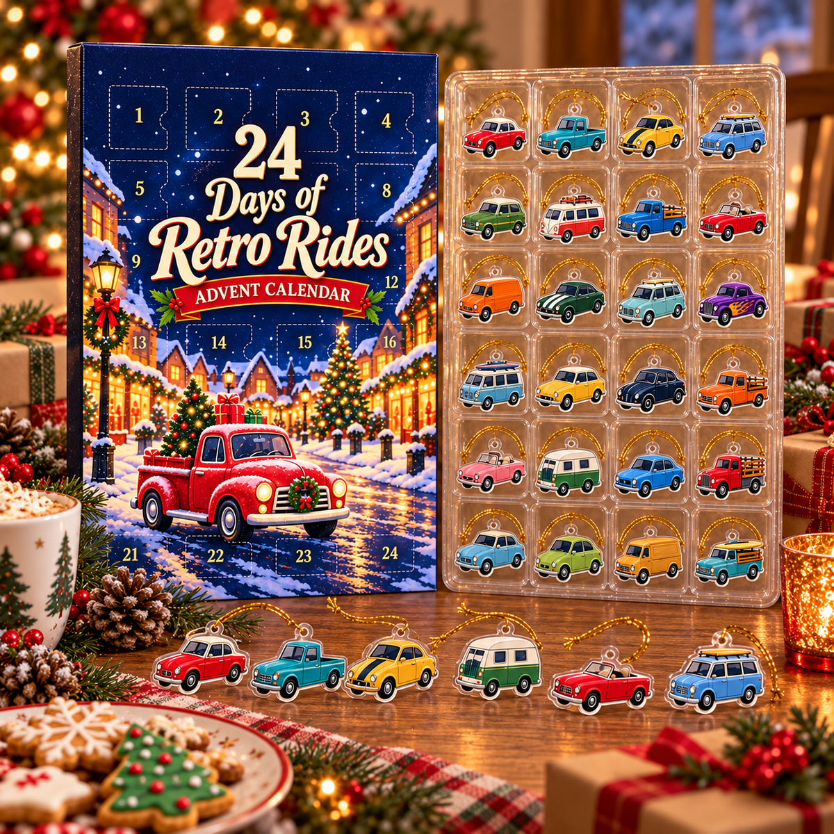 24 Days of Retro Rides Advent Calendar – 24 Unique Acrylic Car Ornaments