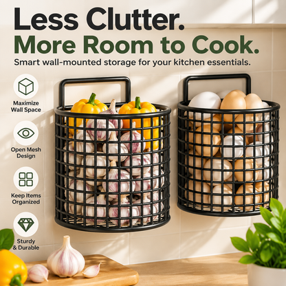 Wall Mounted Metal Mesh Kitchen Basket Rack – Black