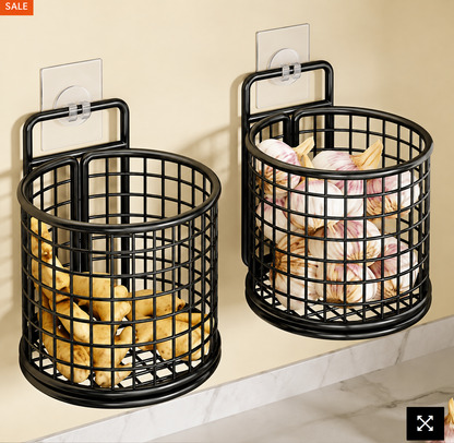 Wall Mounted Metal Mesh Kitchen Basket Rack – Black