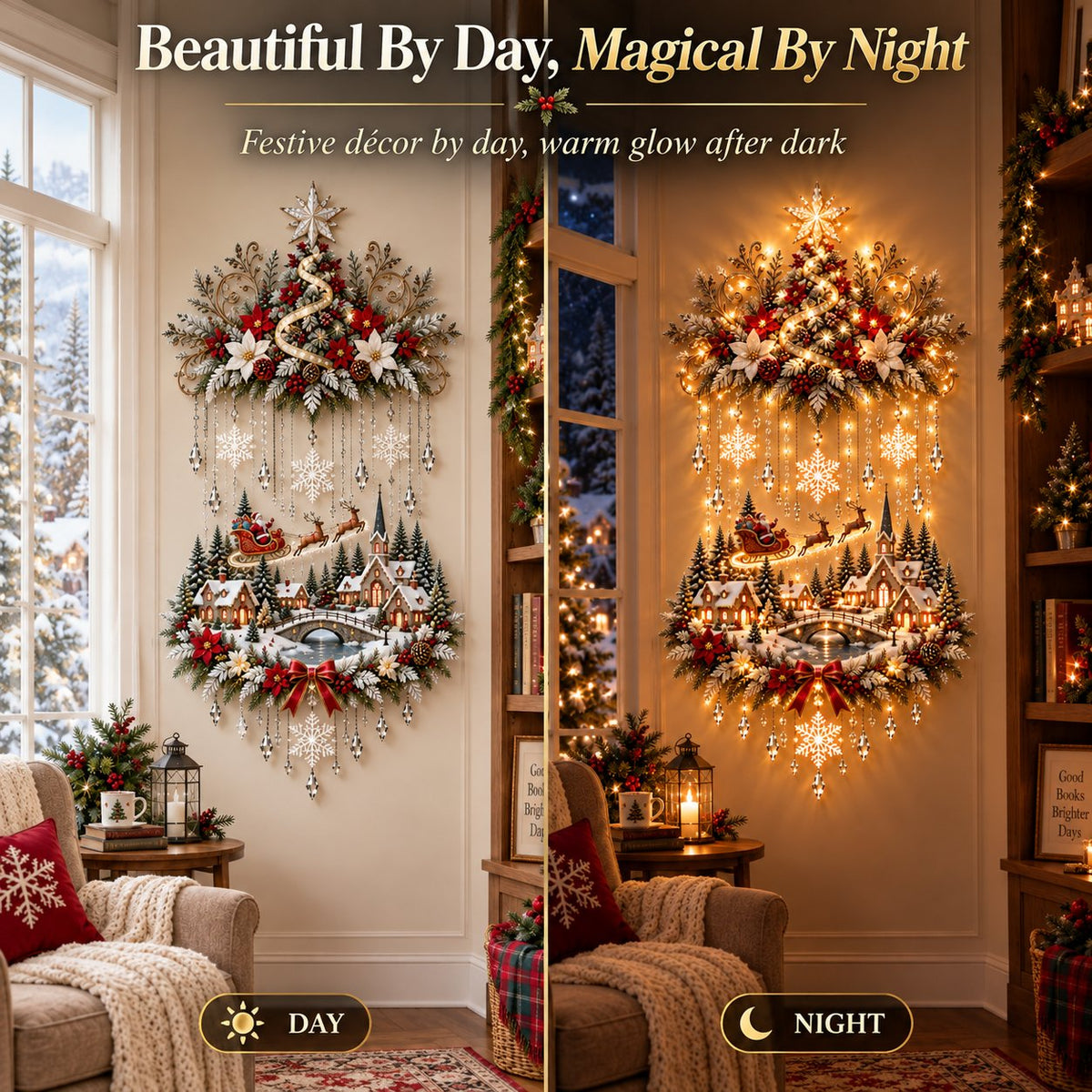 🎄✨ Christmas Village Glow | Lighted Tree & Town Wall Hanging