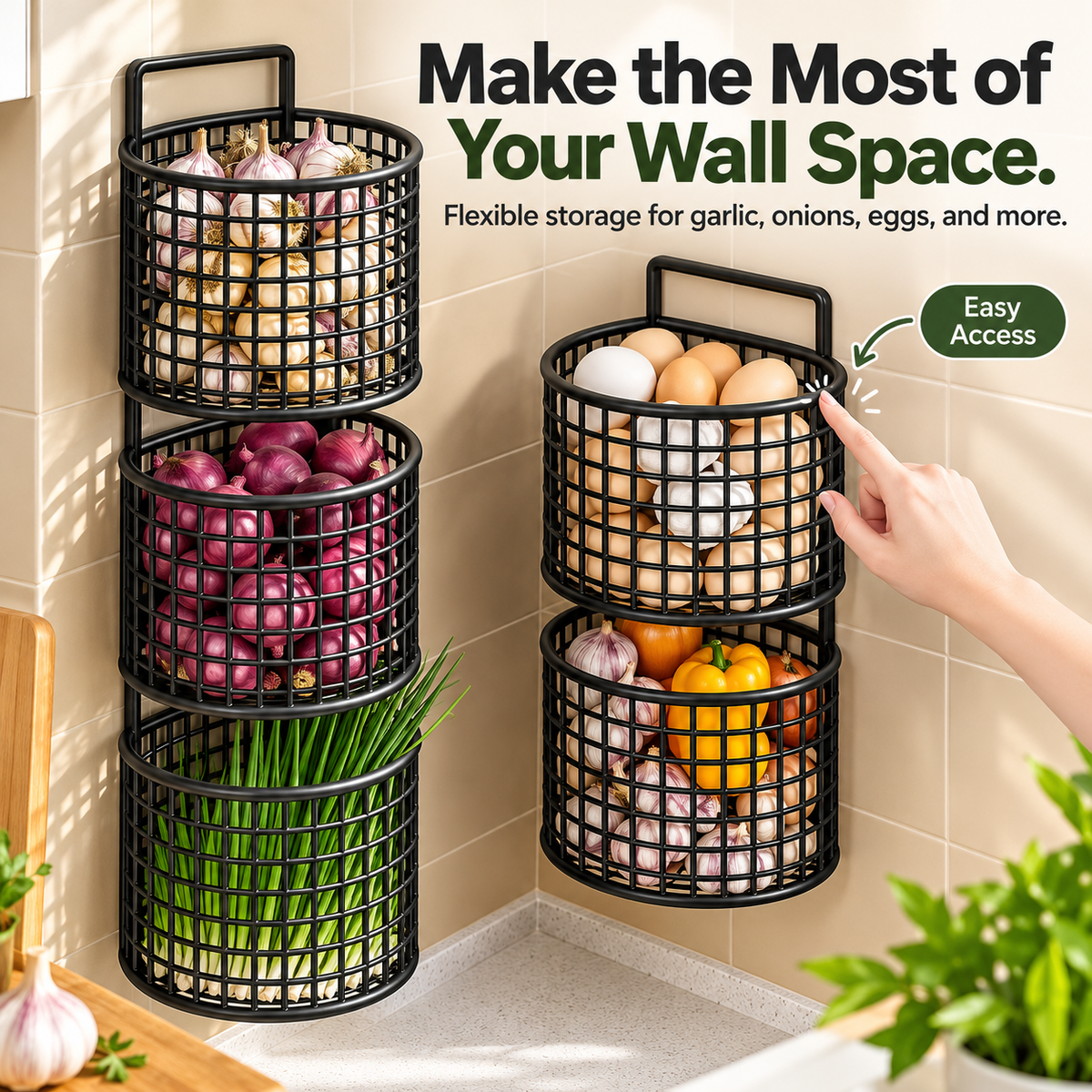 Wall Mounted Metal Mesh Kitchen Basket Rack – Black