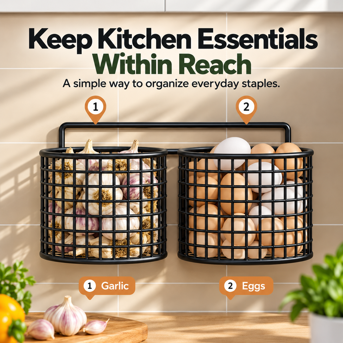 Wall Mounted Metal Mesh Kitchen Basket Rack – Black