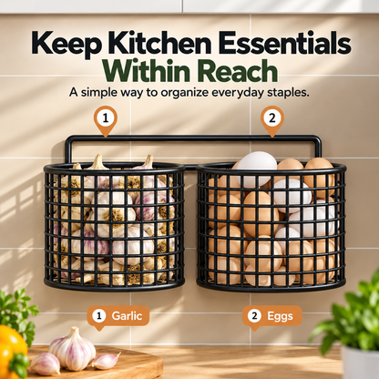 Wall Mounted Metal Mesh Kitchen Basket Rack – Black