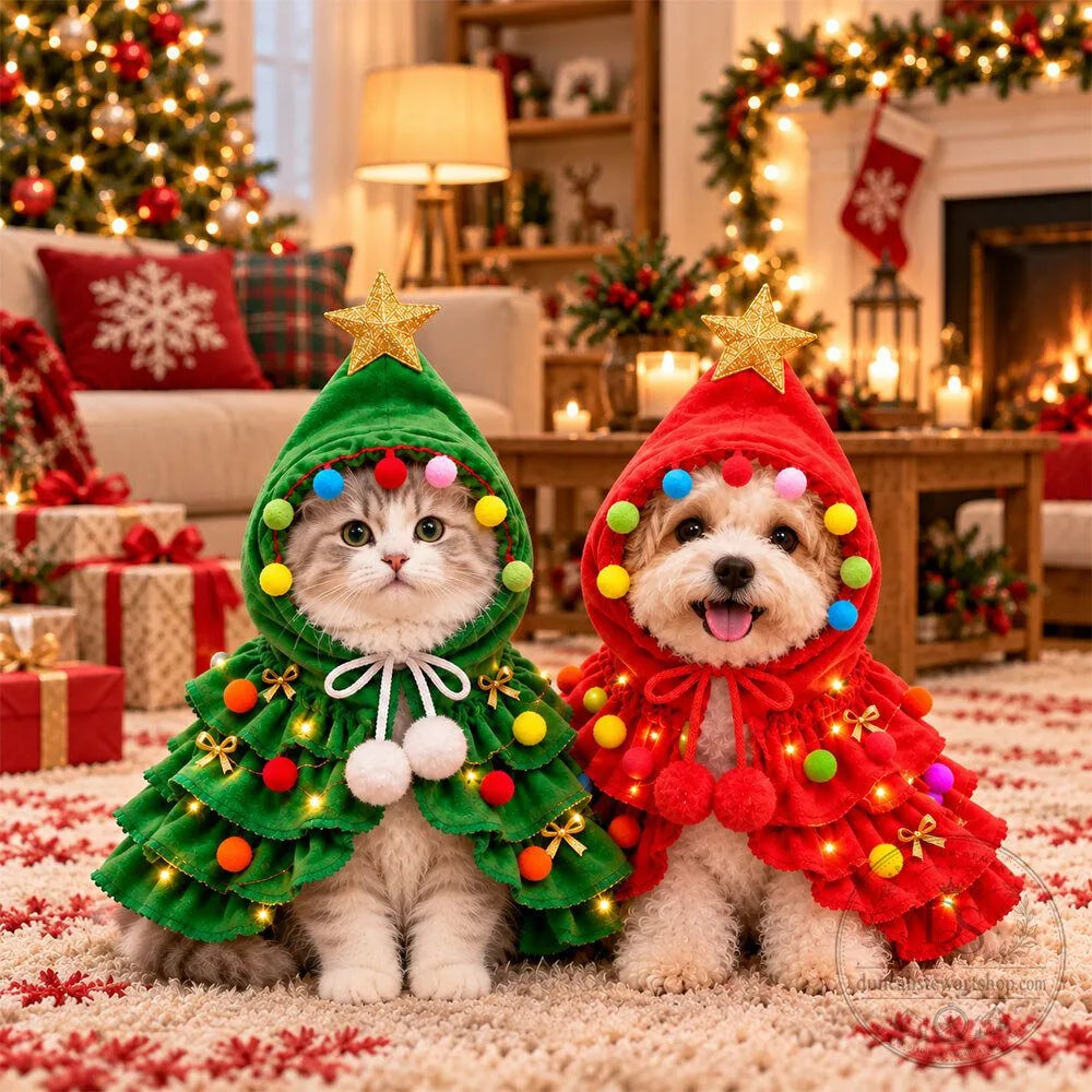 Christmas Tree Dog Cat Costume Cape With Pom-Poms